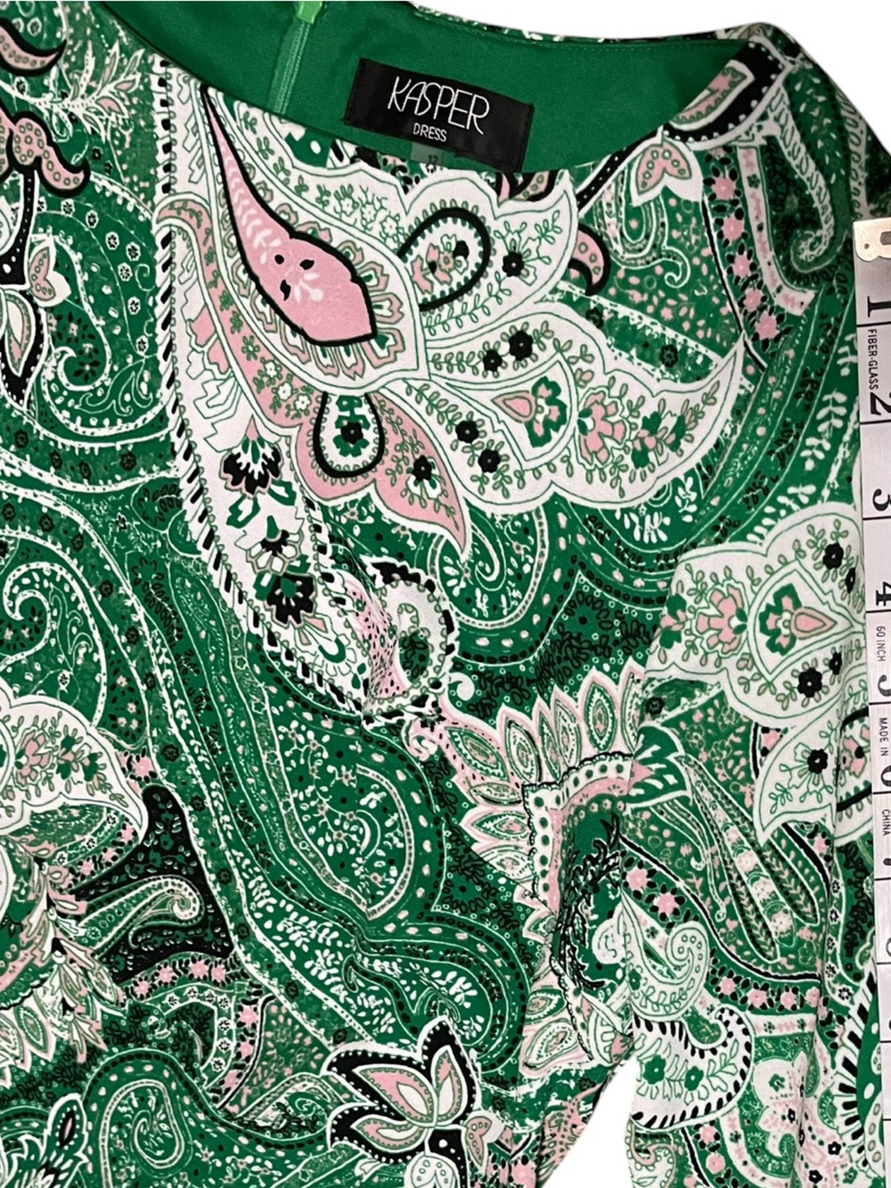 Kasper Printed Ruffle-Sleeve Sheath Green Paisley Print Dress artsy office sz 12 - Picture 10 of 16